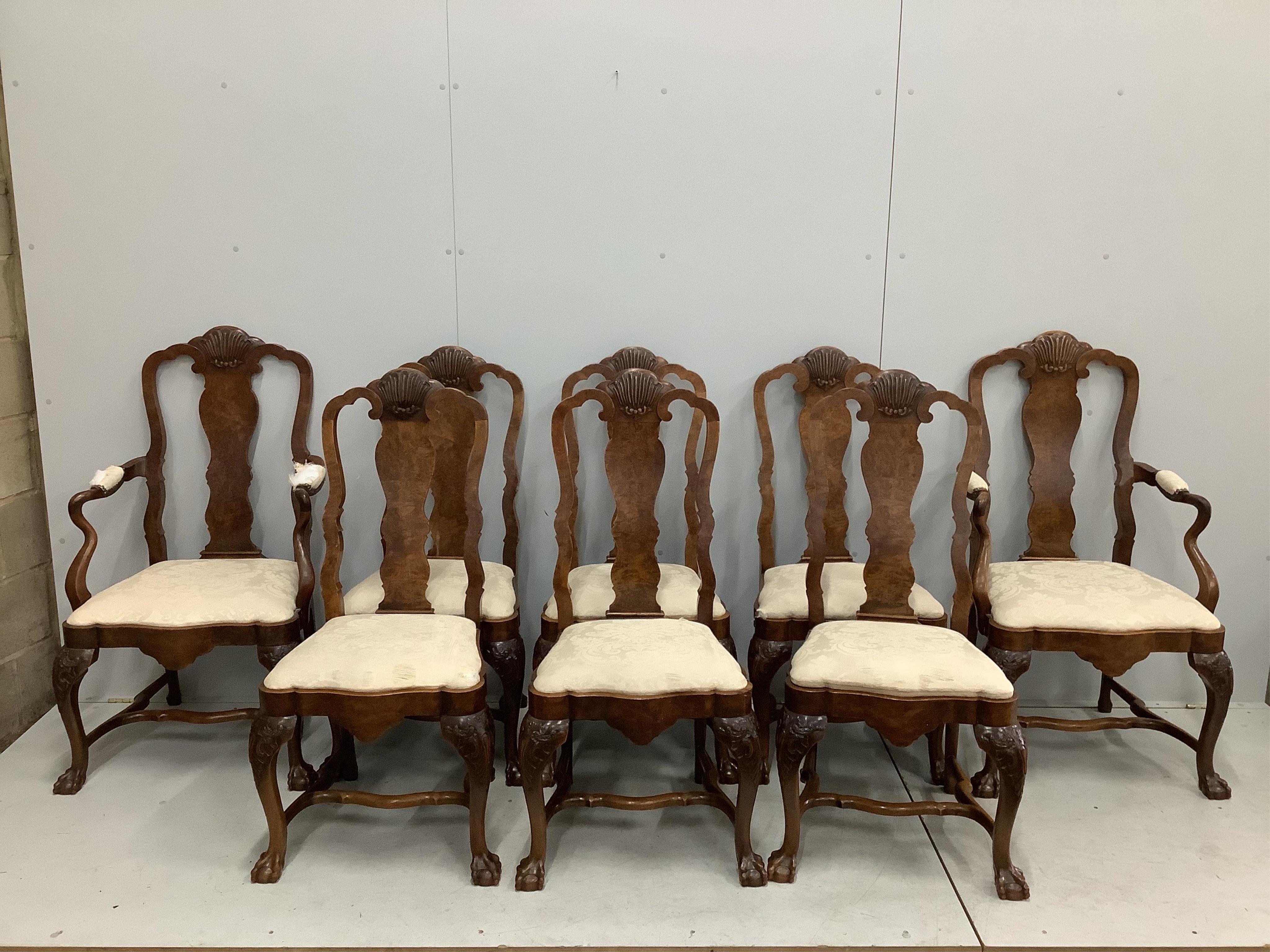 A set of eight Queen Anne revival walnut dining chairs, two with arms. Condition - fair